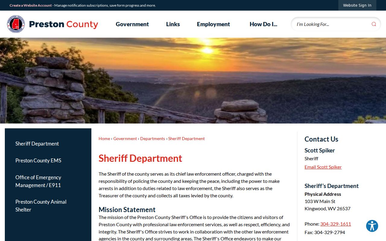 Preston County arrest lookup Sheriff Department page