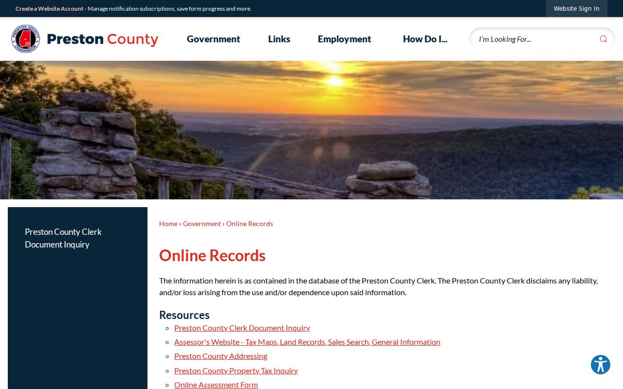 Preston County online records page showing available county tools