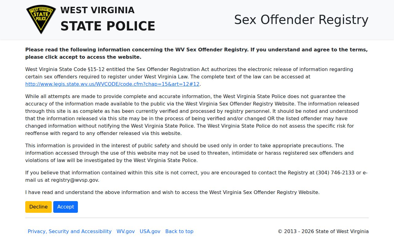 West Virginia State Police sex offender registry entry screen for a Preston County search